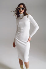 Midi Bodycon Knitted Dress With Turtle Neck in White