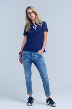 Navy Blouse With Lace Insert