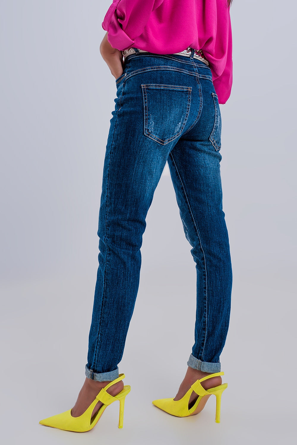 Exposed Button Ripped Boyfriend Jean in Dark Blue