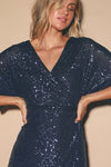 Weekender Navy Blue Sequin Faux-Wrap Mini Dress