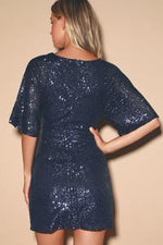 Weekender Navy Blue Sequin Faux-Wrap Mini Dress