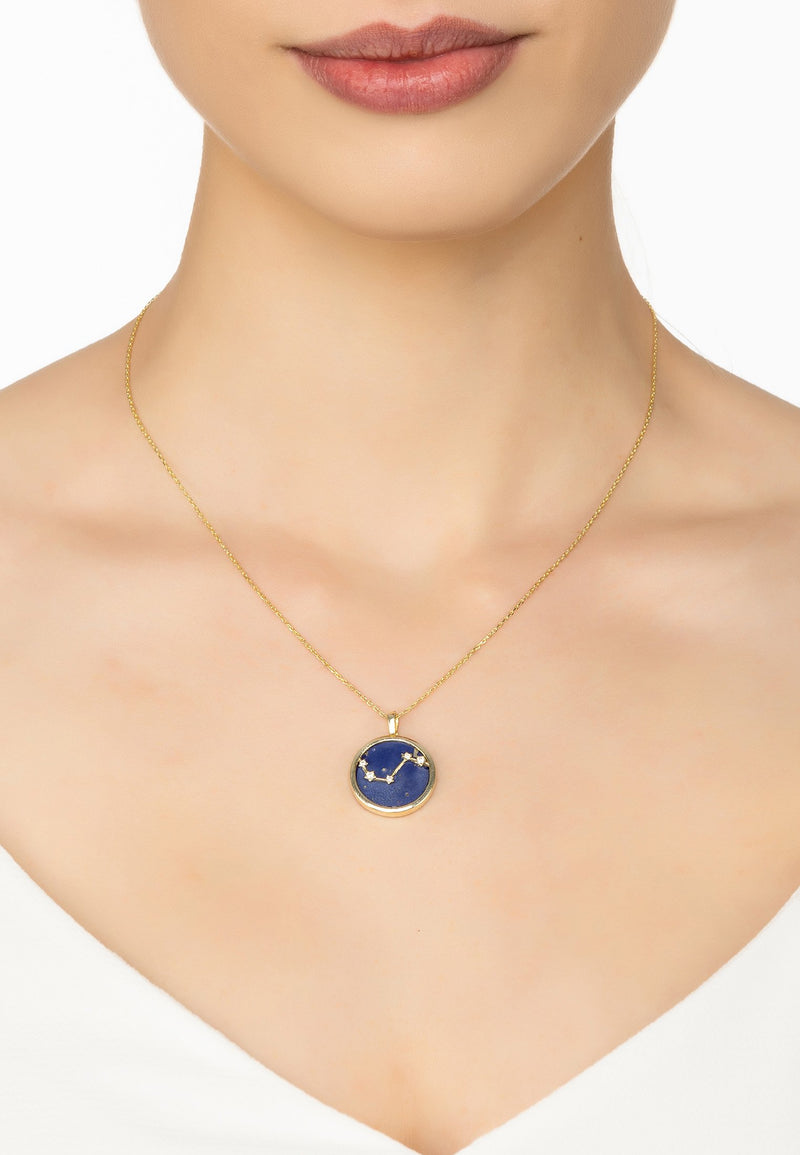 Zodiac Lapis Lazuli Gemstone Star Constellation Pendant Necklace Gold Aries