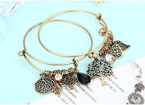 HONGYE 1 Set 2 Pcs Tree of Life Leaves Feather Rhinestone Pendant Bangle Bracelet