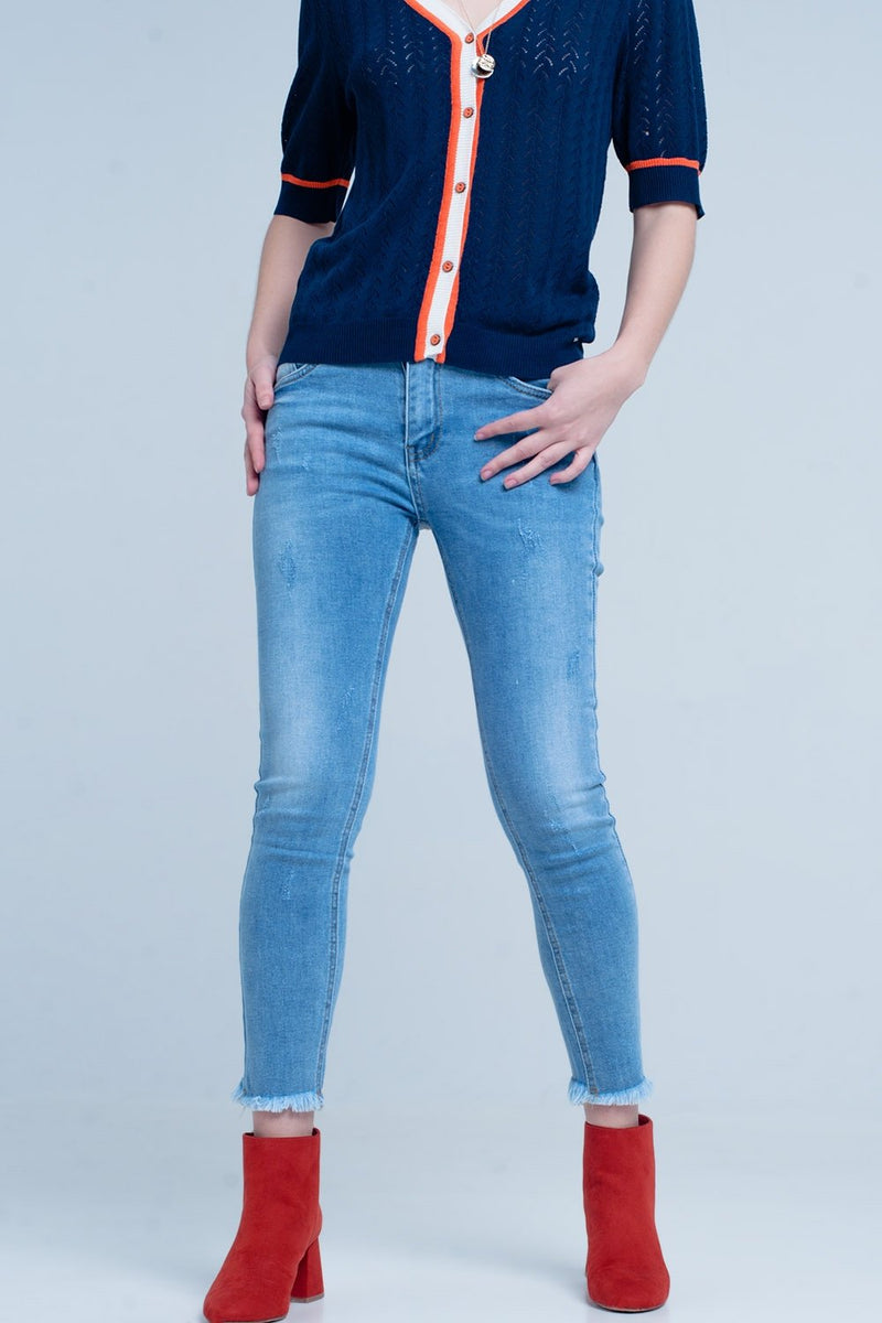 Blue Fringed Skinny Jeans