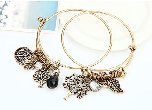 HONGYE 1 Set 2 Pcs Tree of Life Leaves Feather Rhinestone Pendant Bangle Bracelet