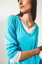 Blue Long Sleeve v Neck Top in Modal