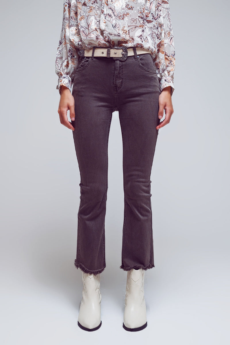 Flare Jeans With Raw Hem Edge in Dark Grey