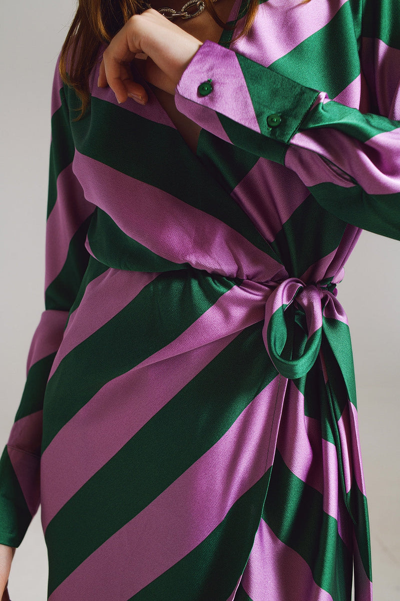 Satin Wrap Dress in Lilac and Green Striped Print