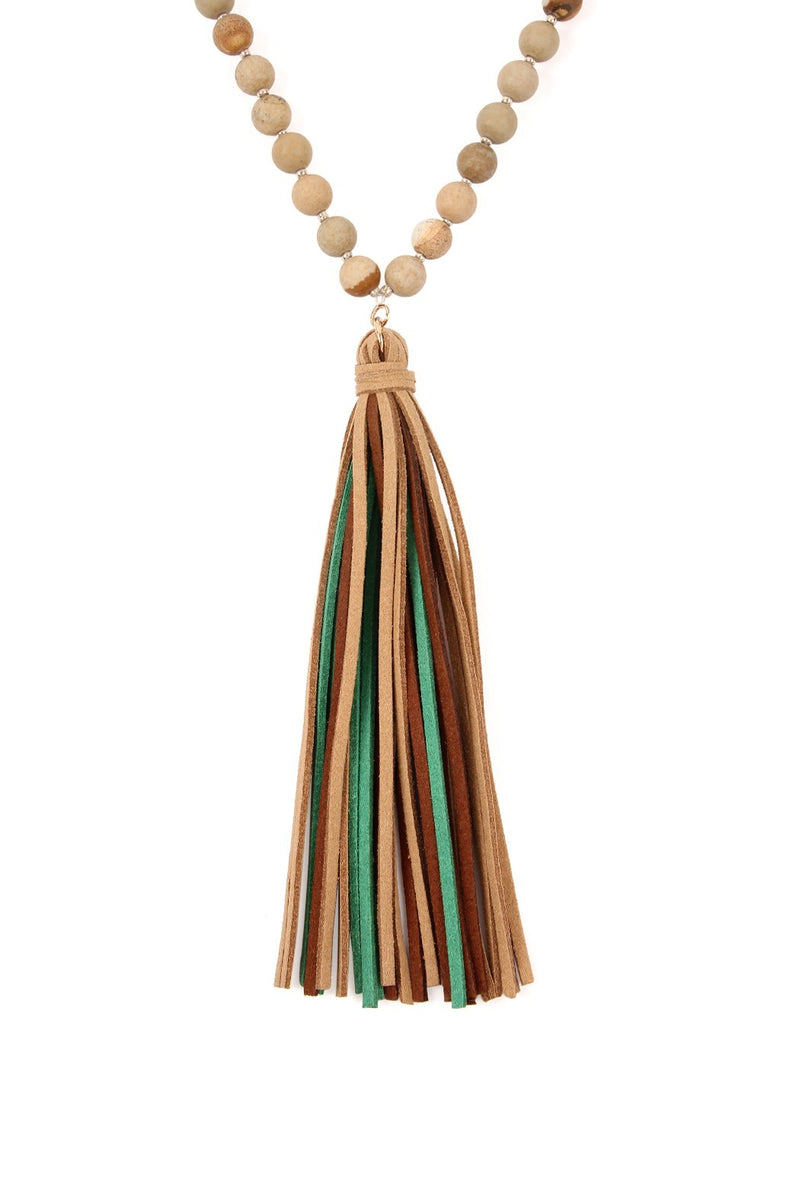 Hdn2238 - Colorful Natural Stone Glass Beads Leather Tassel Necklace