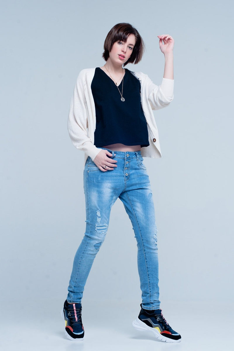 Blue Slashed Boyfriend Jeans