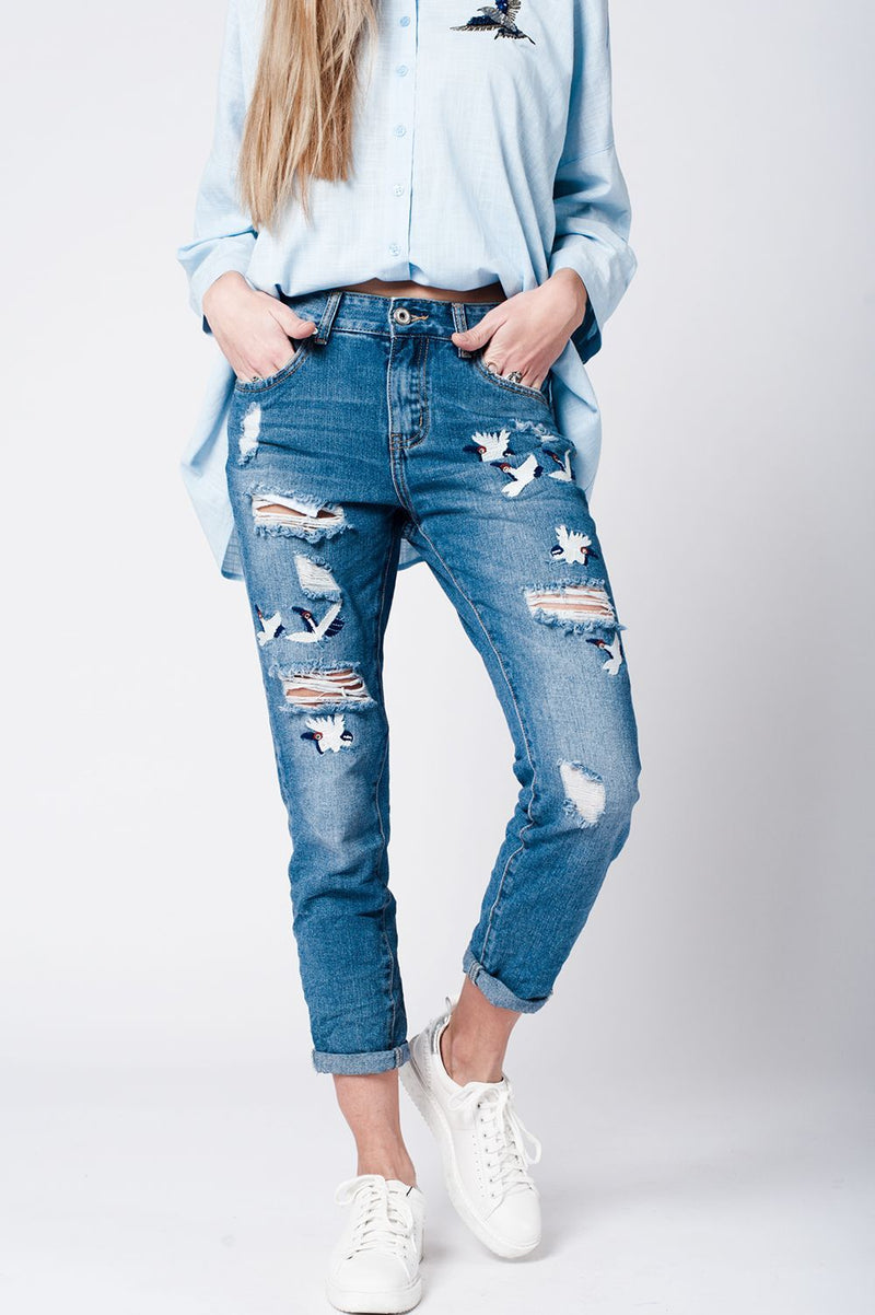 Blue Wash Mom Jeans Bird Embroidery