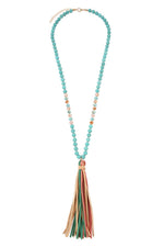 Hdn2238 - Colorful Natural Stone Glass Beads Leather Tassel Necklace