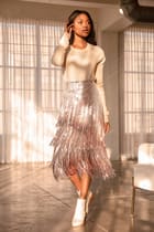 Most Radiant Rose Gold Sequin Fringe Midi Skirt