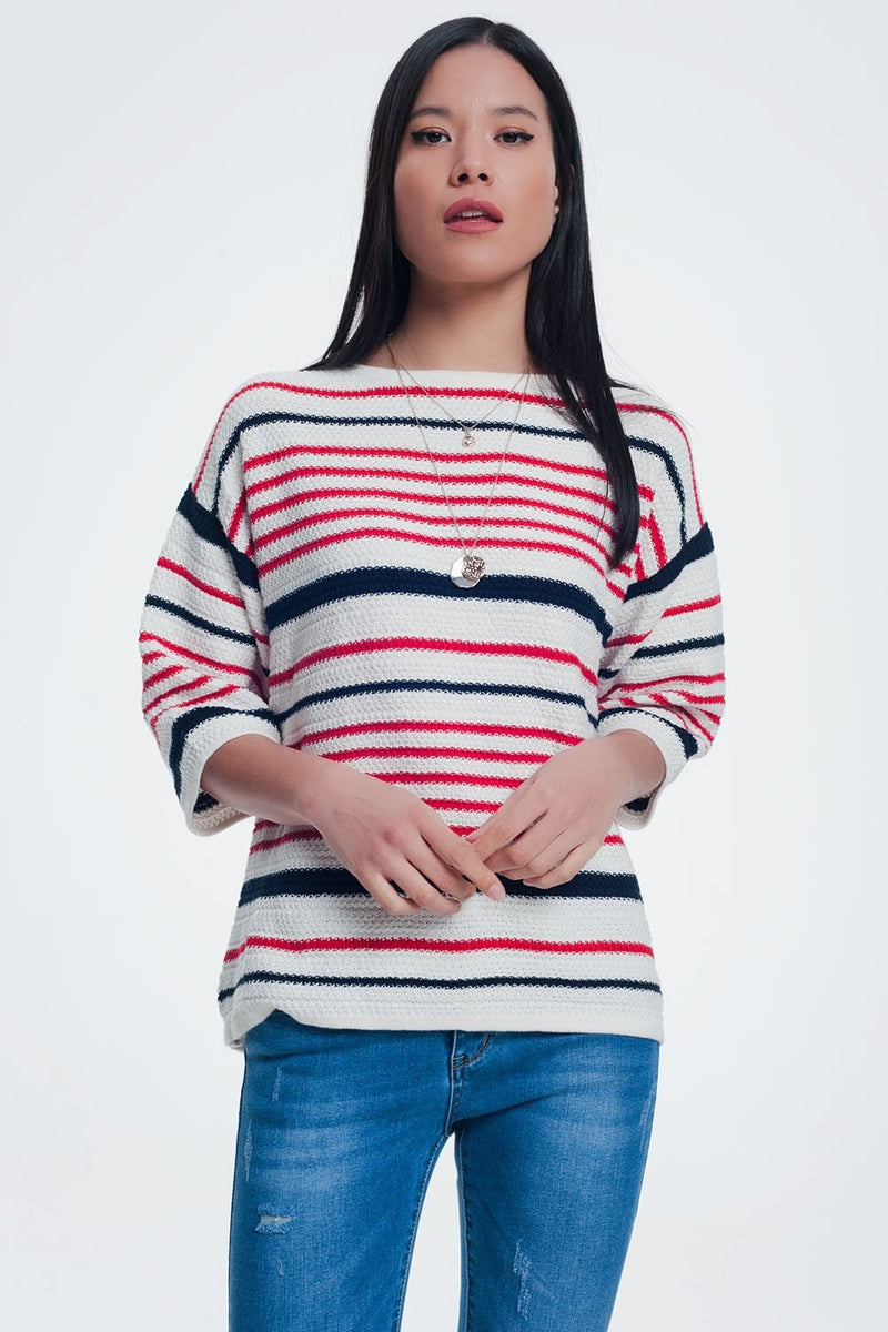 Knitted Striped Sweater in Cream Color