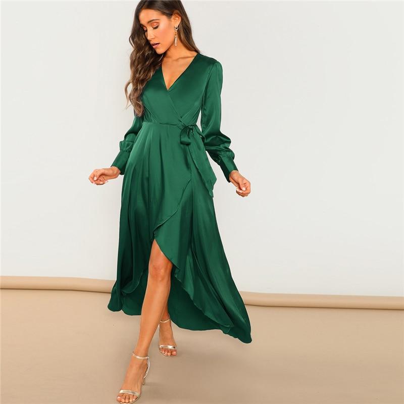 V-Neck Belted Wrap Asymmetric Party Maxi Dress