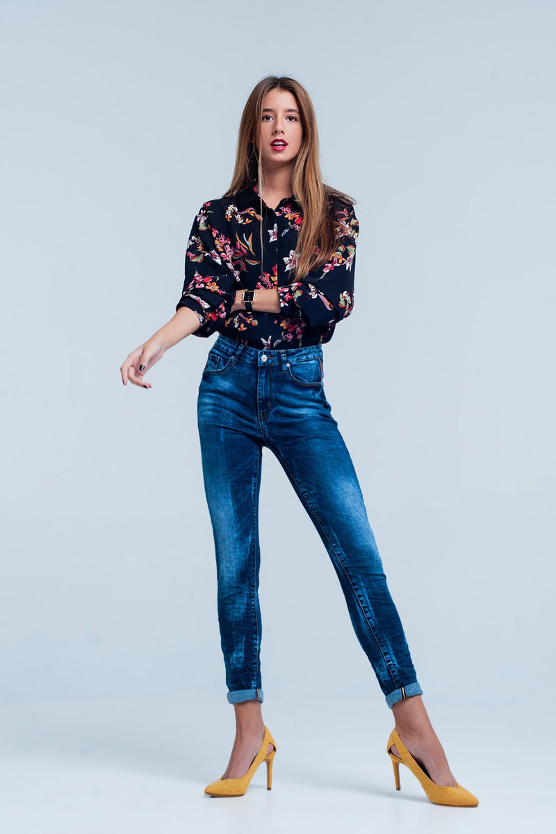 Blue Wrinkled High-Waist Skinny Jeans