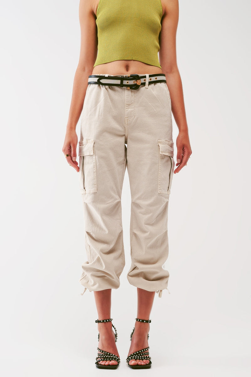 Cargo Pants With Tassel Ends in Sand