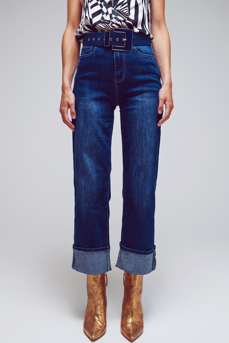 Straight Jeans With Folded Hem in Mid Blue Wash