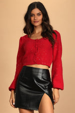 Sparkle With Cheer Red Sequin Cropped Cardigan Sweater