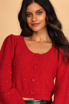 Sparkle With Cheer Red Sequin Cropped Cardigan Sweater