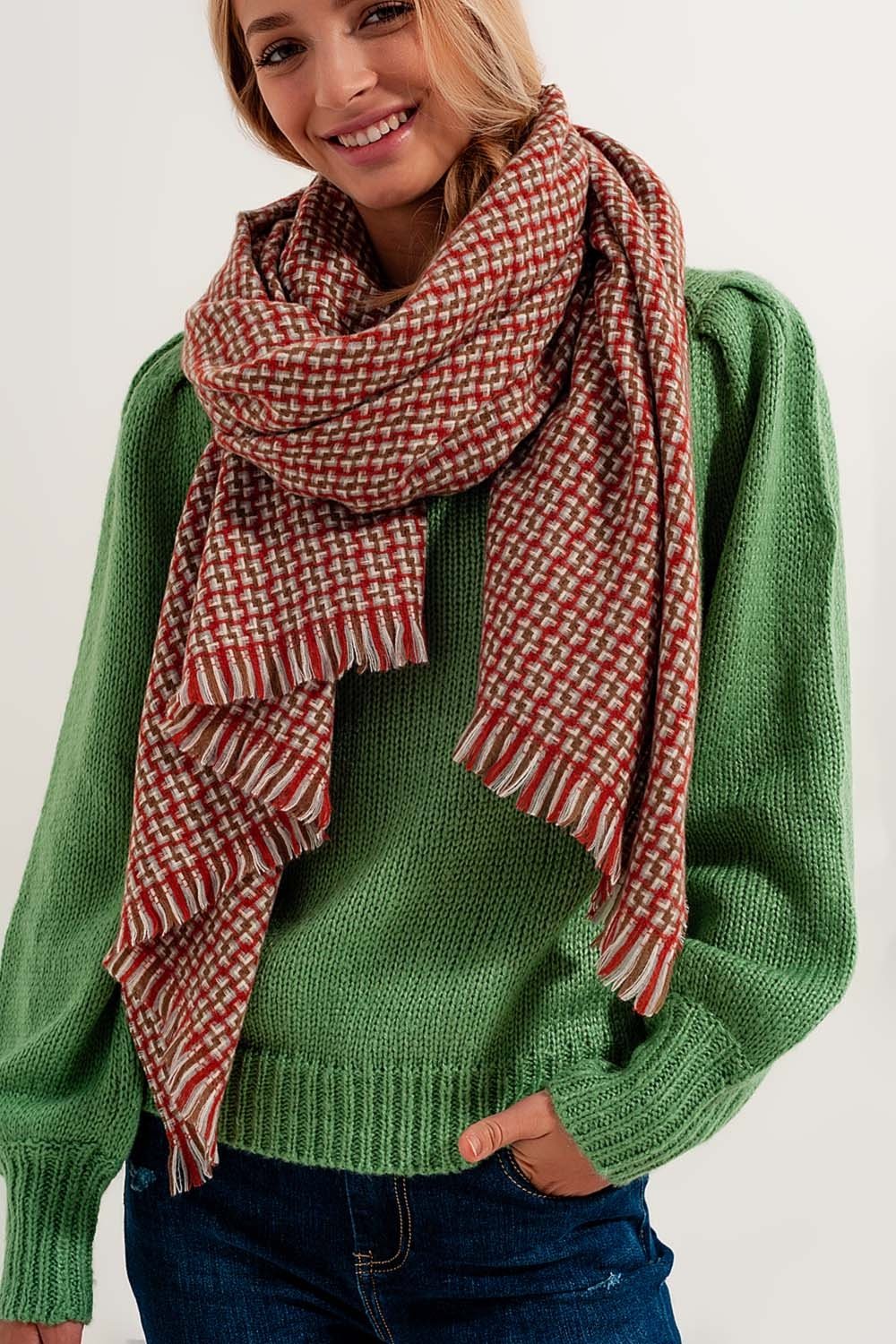 Super Soft Red Scarf With Geometric Print