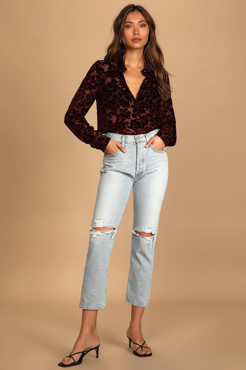 My Love For You Red Burnout Velvet Floral Print Button-Up Top