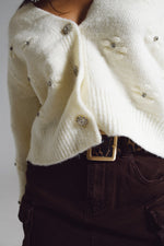 Cream Cardigan With Knitted Flowers and Embellished Details