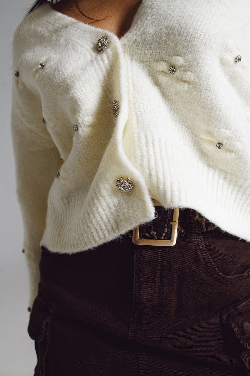 Cream Cardigan With Knitted Flowers and Embellished Details