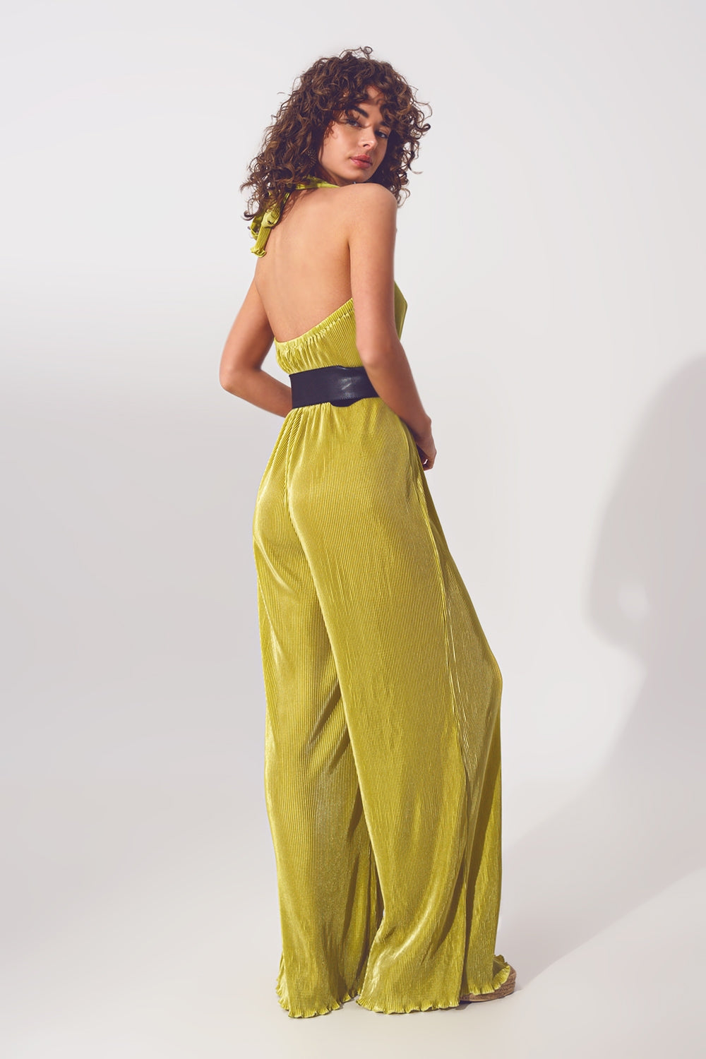 Satin Halter Neck Pleated Maxi Jumpsuit in Green