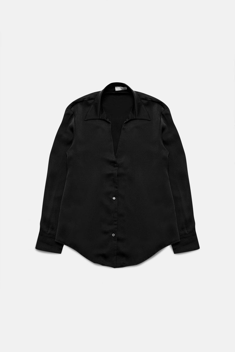 Satin Shirt With v Neck in Black