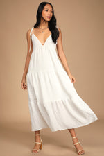 Let the Sun Beam White Tie-Strap Tiered Midi Dress With Pockets