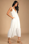 Let the Sun Beam White Tie-Strap Tiered Midi Dress With Pockets