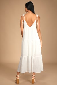 Let the Sun Beam White Tie-Strap Tiered Midi Dress With Pockets