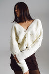 Cream Cardigan With Knitted Flowers and Embellished Details