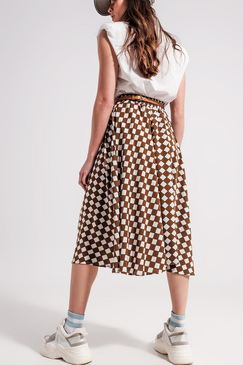 Brown Checkerboard Midi Skirt