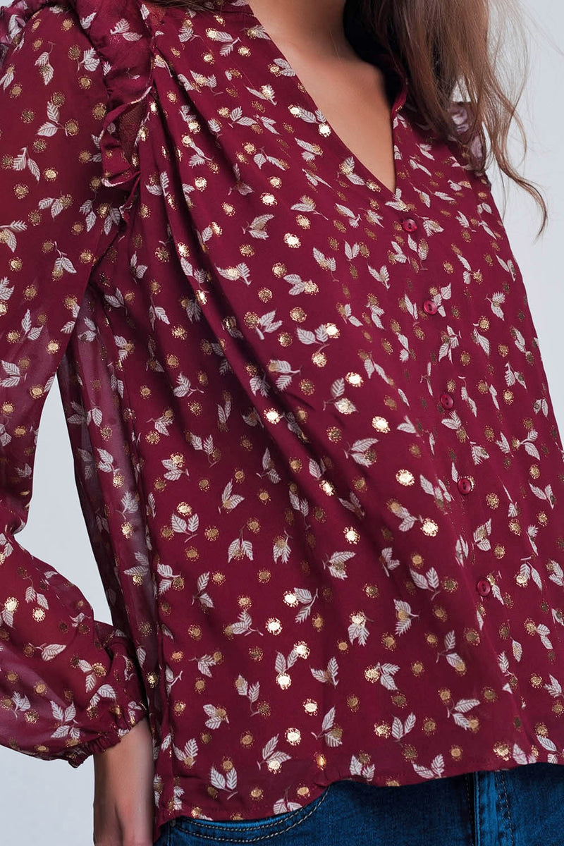 Print Ruffle Shoulder Maroon Shirt