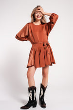 Satin Mini Dress With Belt in Orange