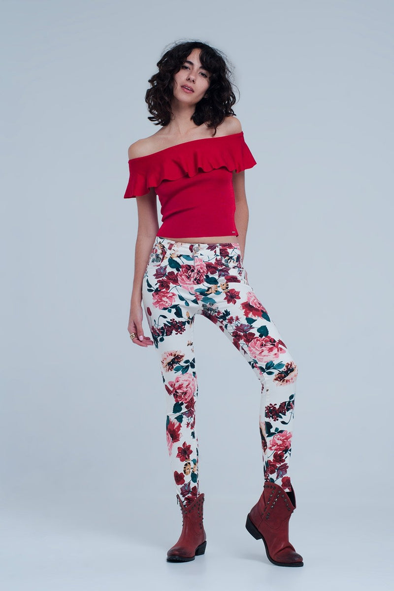 White Jeans With Roses Print