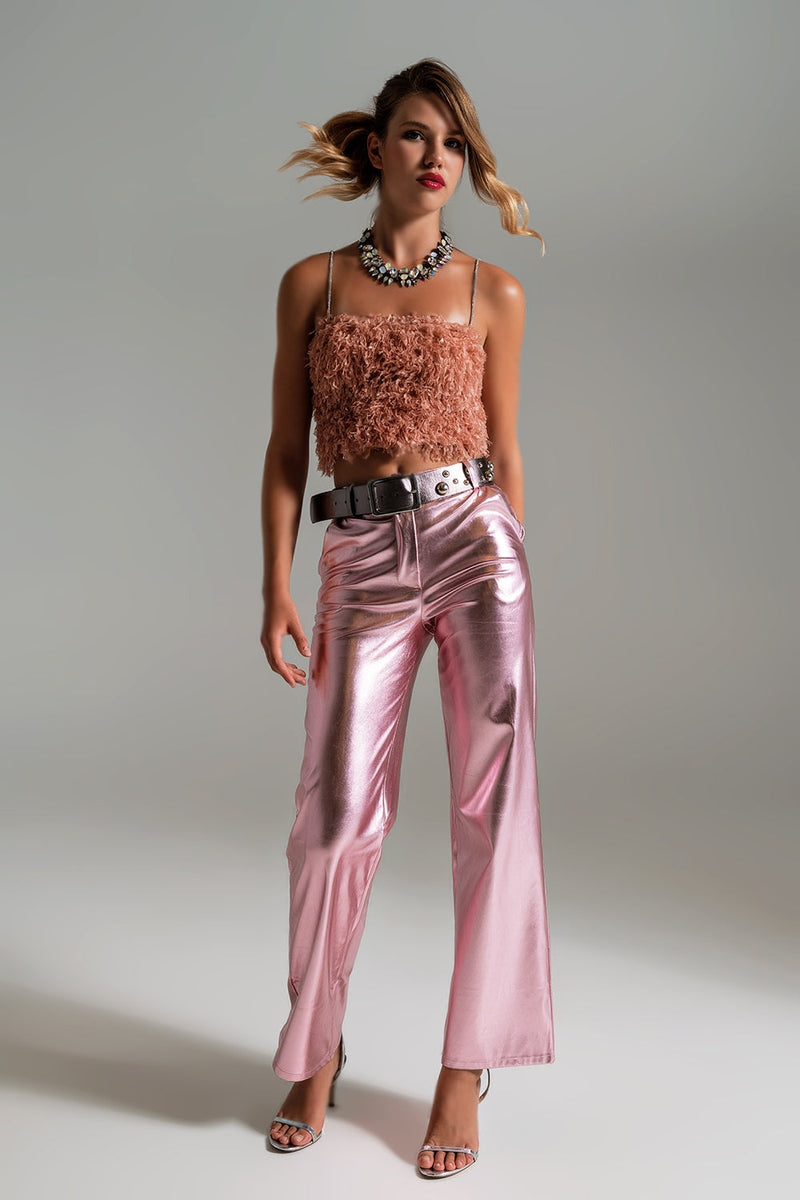 Metallic Straight Leg Pants in Pink