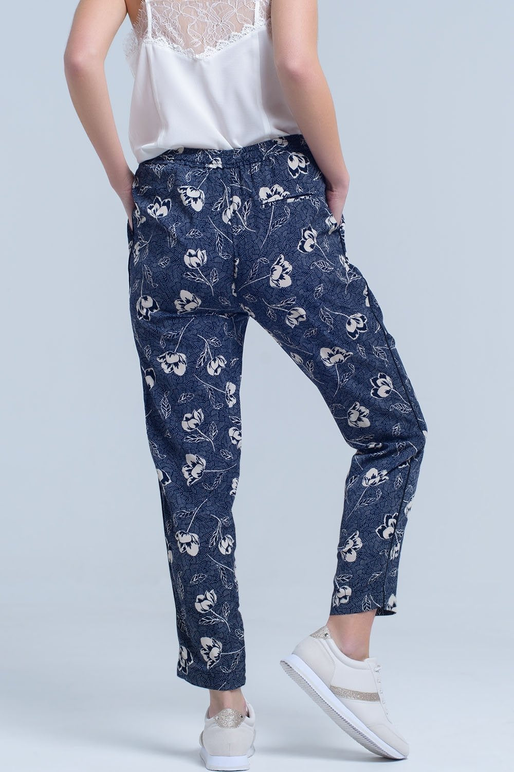 Navy Blue Pants With Floral Print