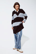 Oversized MIDI Knitted Dress With Stripes and a Wide v Neck