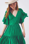 Smock v Neck Maxi Dress in Green