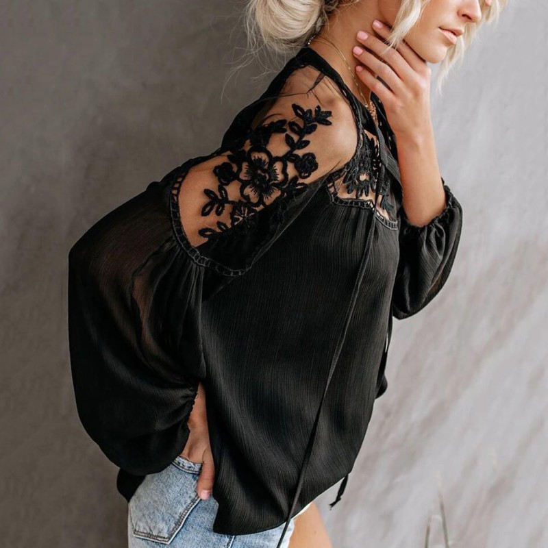 Mesh Lace Hook Flower Lantern Sleeve Top