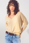 V Neck Fine Knit Sweater in Beige