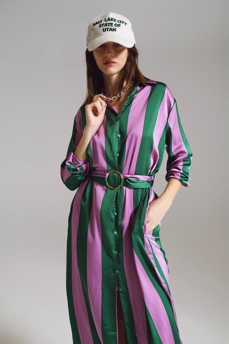 Midi Belted Shirt Dress in Lilac and Green Stripe