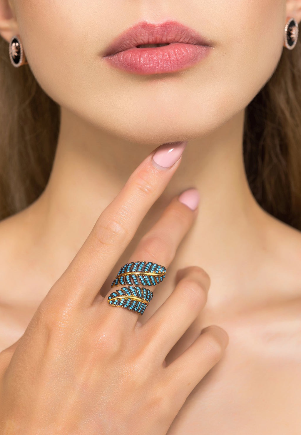 Tropical Leaf Cocktail Ring Blue Turquoise Gold