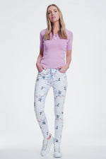 White Skinny Pants With Floral Print