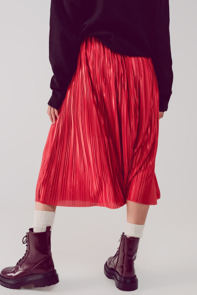 Shiny Rust Pleated Midi Skirt