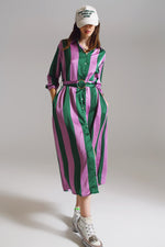 Midi Belted Shirt Dress in Lilac and Green Stripe