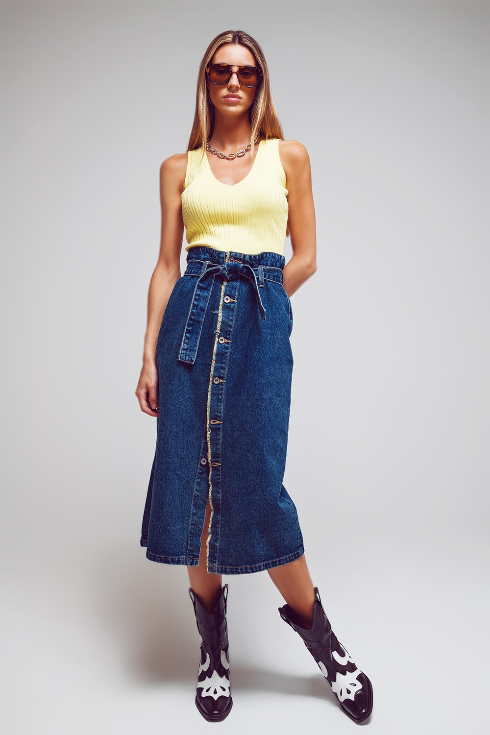 Belted Buttoned Denim Maxi Skirt